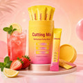 Cuttea Cutting Mix tub with sticks, strawberry acai drink, fresh strawberries and lemon